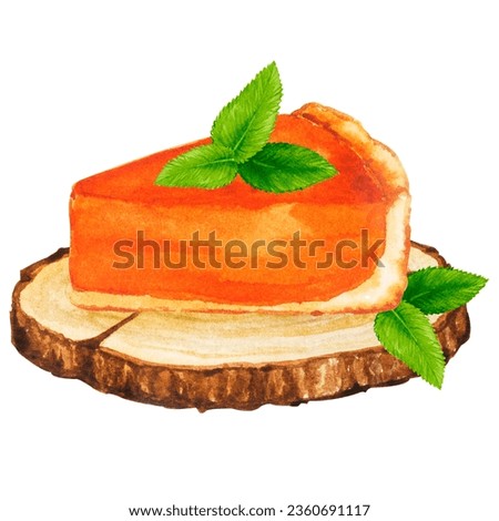 Piece of pumpkin pie. Watercolor illustration on the theme of Cozy Autumn, Thanksgiving, Harvest. Clipart for the design of cards, packaging, advertising, etc.