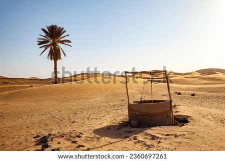 Old water well in the desert with palm tree and dunes in the background Royalty-Free Stock Photo #2360697261
