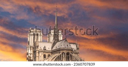 Notre Dame de Paris (against the background of a sky at sunset), also known as Notre Dame Cathedral or simply Notre Dame, is a Gothic, Roman Catholic cathedral of Paris, France