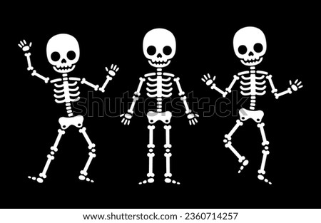 Funny cartoon dancing skeleton, simple black and white illustration. Cute Halloween clipart graphics.