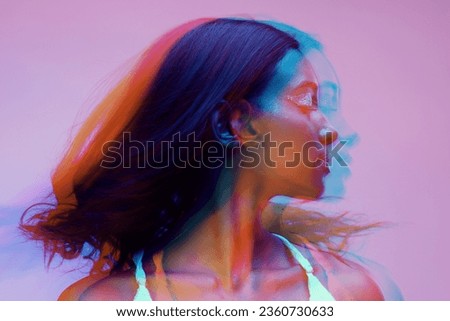 Neon, double exposure and woman with art deco, creative and colog lighting for style in studio. Female model, cosmetics and overlay with glow, makeup and person with freedom and pink background Royalty-Free Stock Photo #2360730633