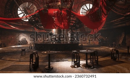 Fantasy dark moody atmospheric bar. Dystopian cyberpunk science fiction environment. 3D illustration.