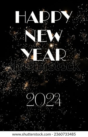 Happy New Year 2024 poster or invitation with black background and fireworks.
