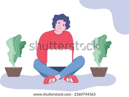 Flat Character Engaged with Laptop