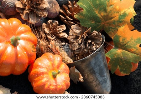background with pumpkin, cup, wheat, figs, pine nuts. decoration for fall, halloween and thanksgiving