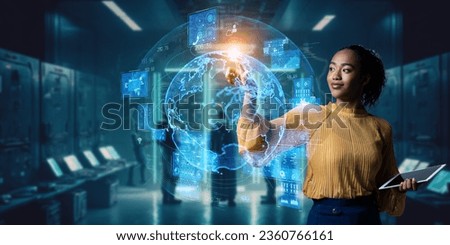 Young black woman operating holographic screen and global communication network concept. Wide angle visual for banners or advertisements.