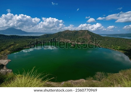 Lake Taal, Luzon, Philippines - May 5, 2017: Taal Volcano, a waterfilled active caldera within the much larger Lake Taal in the province of Batangas, which spectacularly erupted between 2020 and 2022.