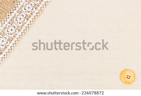 Burlap and white Lace with sewing button over canvas texture design for background