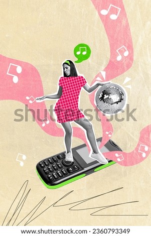 Photo collage artwork picture of smiling carefree lady dancing having fun listening music retro device isolated creative background