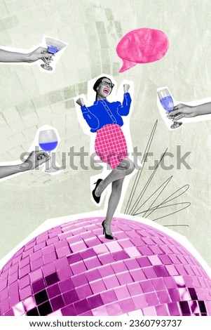 Vertical collage of mini excited black white colors girl stand huge disco ball raise fists people arms hold alcohol glass plasticine dialogue bubble