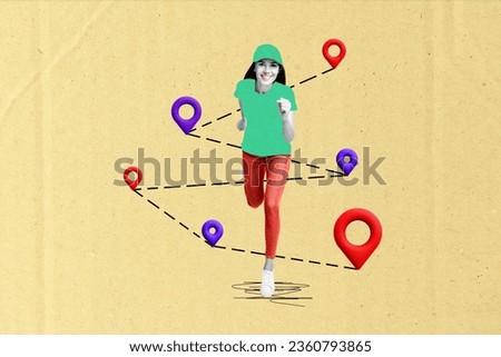 Collage picture of cheerful black white colors girl courier running location destination mark isolated on paper beige background