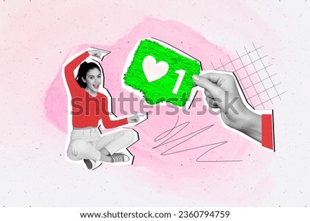 Artwork collage picture of mini black white colors astonished girl point fingers big arm hold like notification isolated on drawing pink background