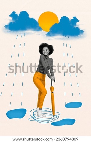 Vertical creative composite photo collage of good mood attractive woman walking outdoors with parasol isolated on painted background
