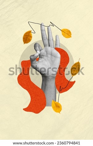 Photo collage art of hand showing okey sign wearing warm knitted clothes red accessory stylish scarf fall isolated on beige background