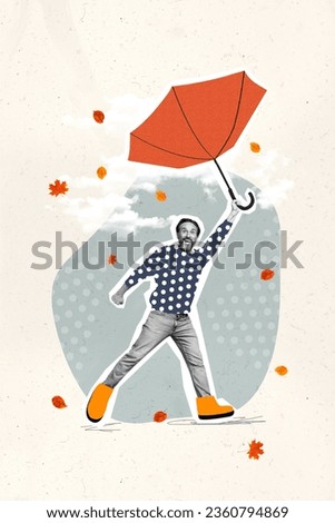 Photo sketch collage picture of excited funky guy flying parasol autumn wind blowing isolated creative background