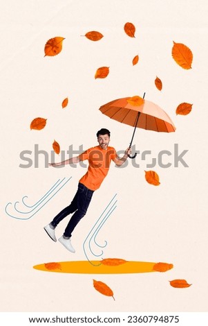 Vertical creative composite photo collage of positive handsome man flying under fallen leaves with umbrella isolated on painted background