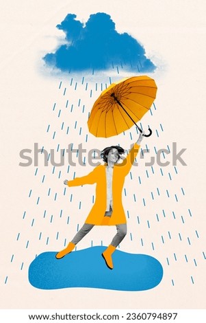 Vertical creative composite abstract photo collage of satisfied nice girl dancing in rain hold parasol isolated on drawing background