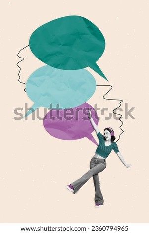 Vertical collage picture of overjoyed black white colors mini girl listen music headphones dancing big dialogue bubble isolated on beige background