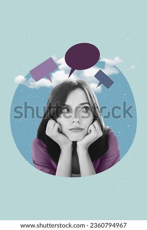 Vertical creative composite photo collage of beautiful girl hold hands on cheeks thoughtfully dreaming isolated on painted background