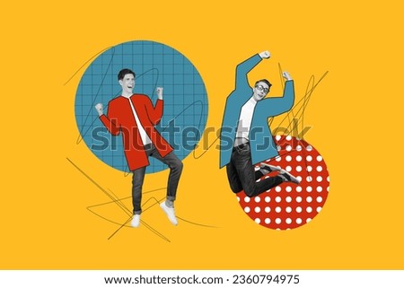 Composite collage picture of two black white colors guys jump raise fists accomplishment isolated on orange drawing background