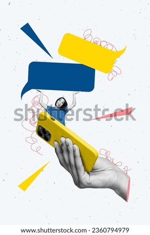 Collage of young female student ukrainian holding arms blue yellow sms freedom support peace phone message isolated over grey background Royalty-Free Stock Photo #2360794979