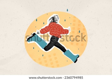 Composite collage picture of positive black white colors girl big painted rubber boots running rainy weather isolated on creative background