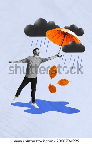 Collage banner advertisement colorful orange waterproof parasol protect himself against rainy autumn days isolated over grey background Royalty-Free Stock Photo #2360794999