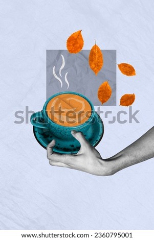 Autumn mood conceptual picture collage fresh latte good morning taste hot coffee cup golden leaves isolated on grey color background