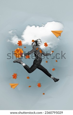 Vertical collage image of excited black white effect girl jump hold fallen maple leaves flying paper plane clouds sky isolated on grey background