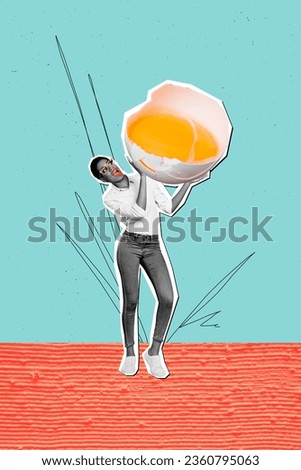 Vertical collage image of astonished black white effect person arms hold big cracked half raw egg isolated on teal background