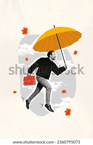 Vertical photo collage of satisfied good mood man run at work in november hold parasol suitcase isolated creative drawing background