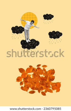 Vertical collage of mini frightened black white colors guy stand balancing drawing rainy clouds fallen leaves isolated on beige background