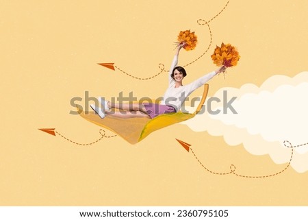 Composite art collage illustration of funny young woman flying airplane october carefree collect leaves isolated on beige background Royalty-Free Stock Photo #2360795105