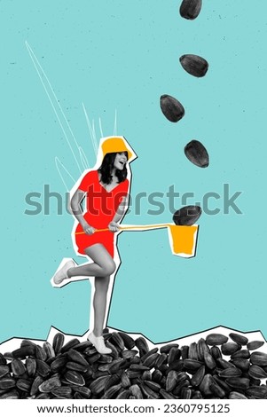 Vertical collage picture of mini excited cheerful black white colors girl hold net catch falling down sunflower seeds isolated on teal background