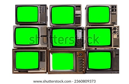 Nine antique TVs, Vintage old televisions with chroma key green screen for designers, isolated on white background with clipping path. Royalty-Free Stock Photo #2360809373
