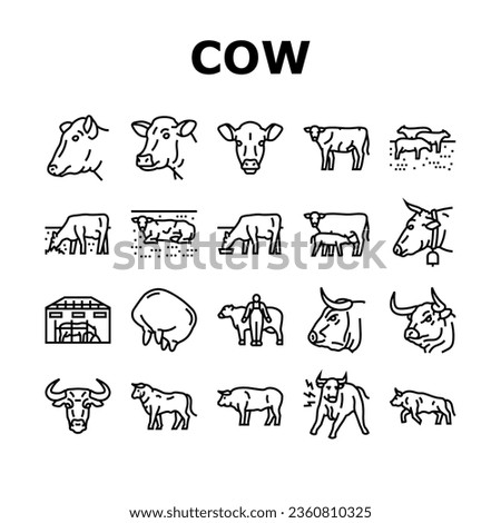 cow farm dairy cattle milk white icons set vector. agriculture nature, livestock grass, beef field, pasture animal, meadow calf, summer cow farm dairy cattle milk white black contour illustrations Royalty-Free Stock Photo #2360810325
