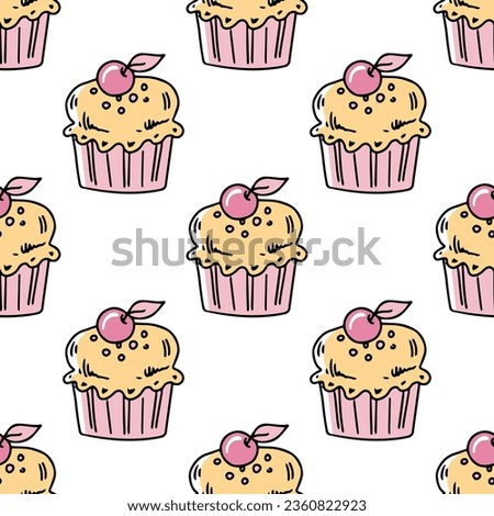 Doodle-style seamless pattern of сupcake with a cherry on top. Festive concept. Hand drawn color vector outline sketch. 