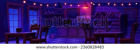 Night bakery shop interior with counter cartoon background. Lamp glow in cafe with cake and sweet pastry food. Donut and dessert showcase shelves furniture. Nobody in bread house in dark evening Royalty-Free Stock Photo #2360828483