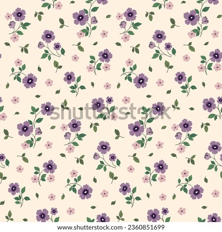 Seamless floral pattern, abstract ditsy print with mini branches in rustic style. Cute botanical design with spring plants: small hand drawn flowers, leaves, branches on a light background. Vector. Royalty-Free Stock Photo #2360851699