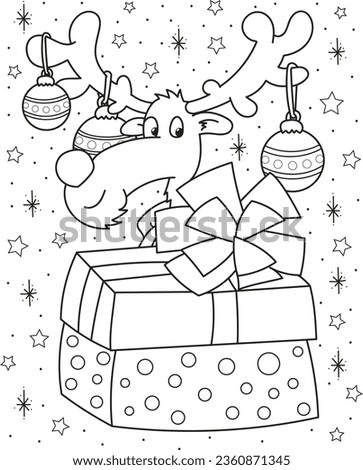 Coloring page outline of cartoon smiling cute christmas deer. Colorful vector illustration, winters coloring book for kids. Royalty-Free Stock Photo #2360871345