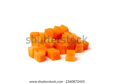 Fresh Diced Carrot Isolated, Raw Carrot Cubes Closeup, Chopped Orange Root Vegetable, Diced Carrots Pile on White Background Top View Royalty-Free Stock Photo #2360872443