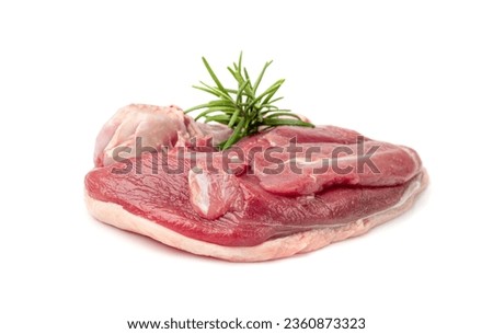 Raw Duck Fillet Isolated, Fresh Uncooked Duck Breast Red Meat with Skin, Uncooked Poultry Filet Mockup on White Background Top View