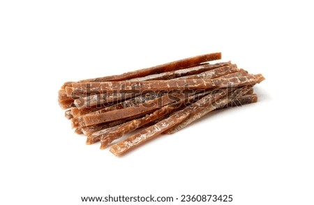 Fish Jerky Isolated, Dry Salted Seafood Snack, Hake Stockfish, Small Pieces of Dehydrated Pollock, Beer Snacks, Dried Fish Fillet on White Background