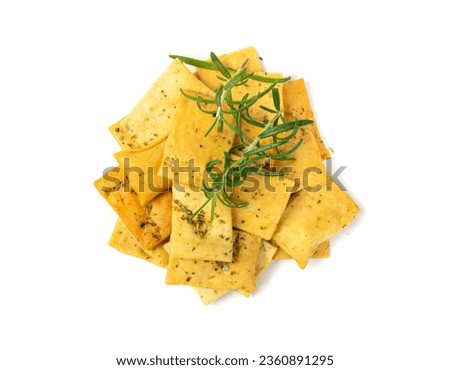 Pita Chips Pile Isolated, Small Wheat Tortillas, Crunchy Flat Bread with Herbs and Spices, Spicy Mediterranean Wheat Snack, Pita Chips on White Background Top View Royalty-Free Stock Photo #2360891295