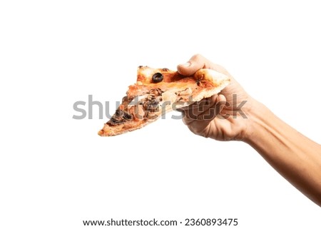 Black male hand holding slice pizza isolated on white background Royalty-Free Stock Photo #2360893475