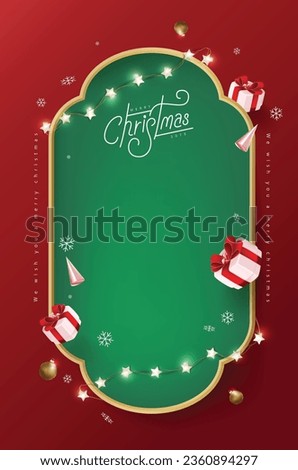 Merry Christmas sign banner frame with empty space and festive decoration on red background Royalty-Free Stock Photo #2360894297