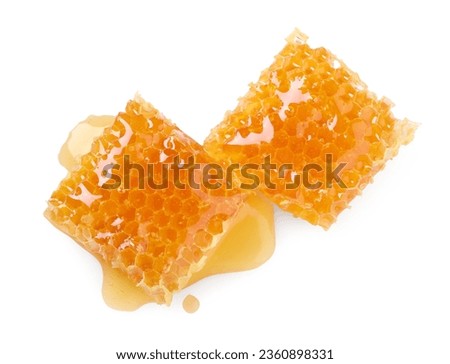 Natural honeycombs with tasty honey isolated on white, top view Royalty-Free Stock Photo #2360898331