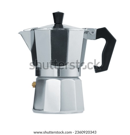 Side view of stovetop moka pot coffee maker isolated on white Royalty-Free Stock Photo #2360920343
