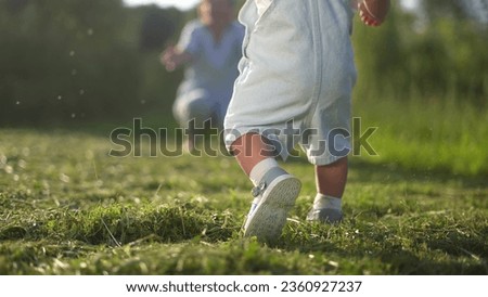 baby takes first steps to mom in the park. happy family kid dream concept. baby feet close-up takes the first steps to mom. baby walks in park on the green grass lifestyle Royalty-Free Stock Photo #2360927237
