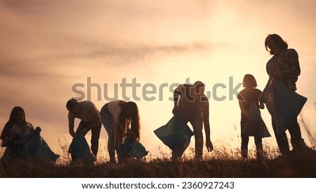 silhouette volunteers collect plastic. group team people collect plastic bottles together. environmental protection business concept. volunteers family lifestyle collect plastic clean nature